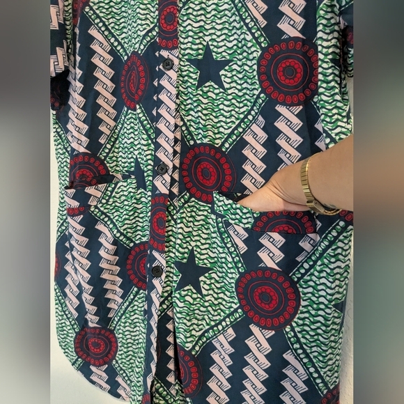 Bimba Y Lola Green Patterned Cotton Short Sleeve Button-Up Shirt Dress Artsy - Picture 9 of 12